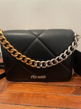 Steve Madden Black Quilted Crossbody with Two-Tone Chain